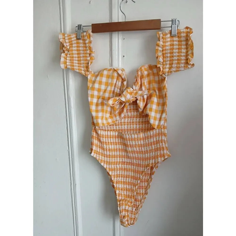Sabo skirt womens medium yellow gingham plaid Square Neck bodysuit Ruched